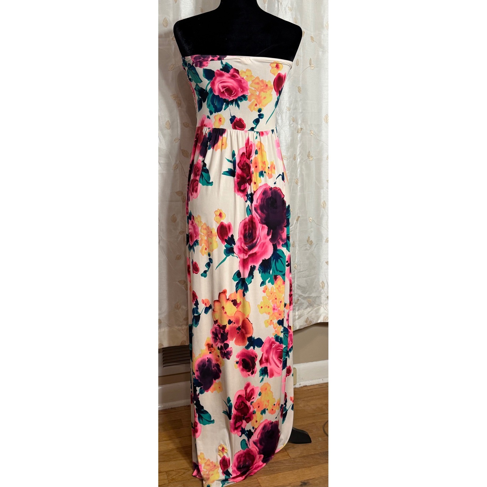 Floral Strapless Maxi Dress Pink Orange Ruched Empire Waist Summer Gown Women