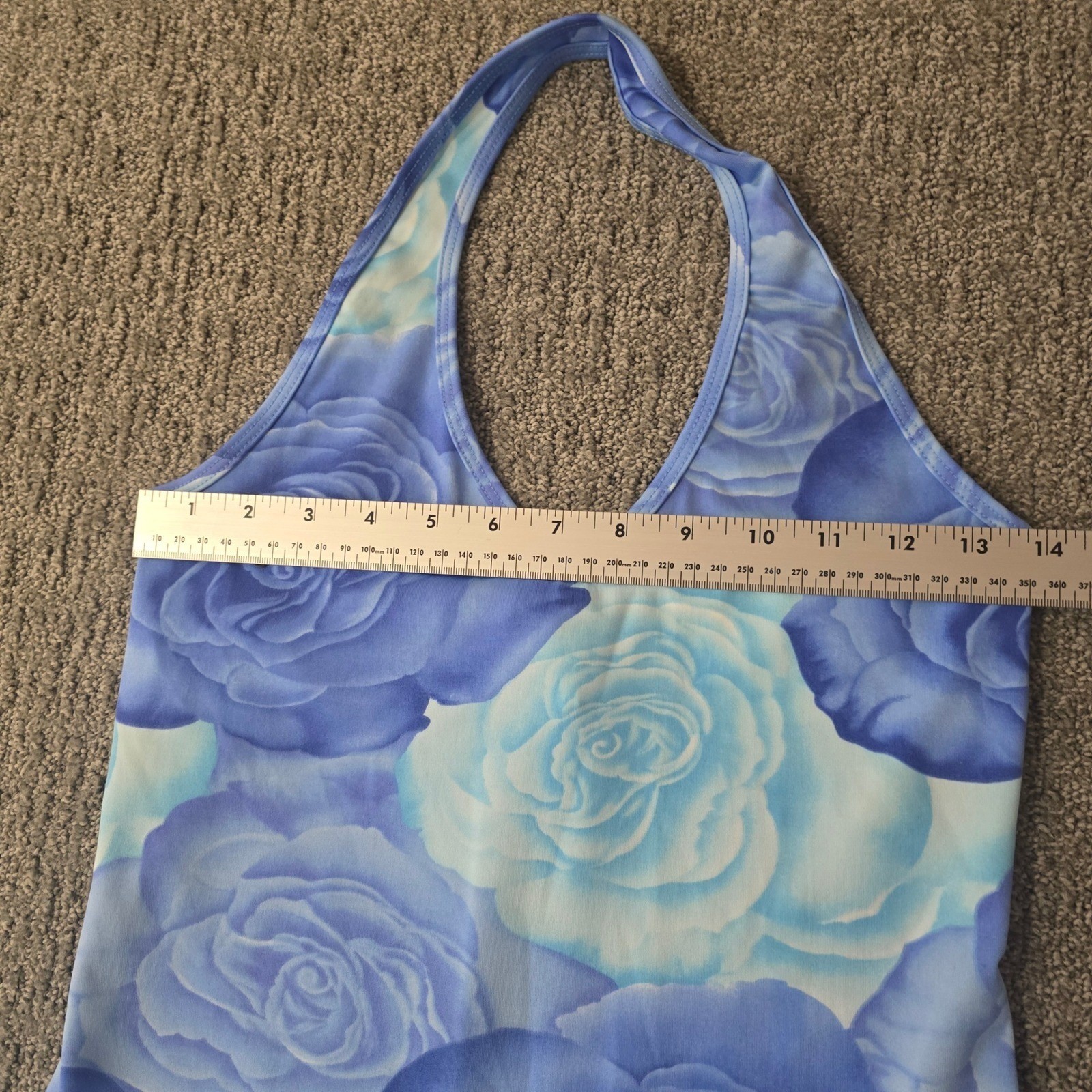 Vintage Y2K Beware Floral Blue Mini Dress Halter Coquette Size M
