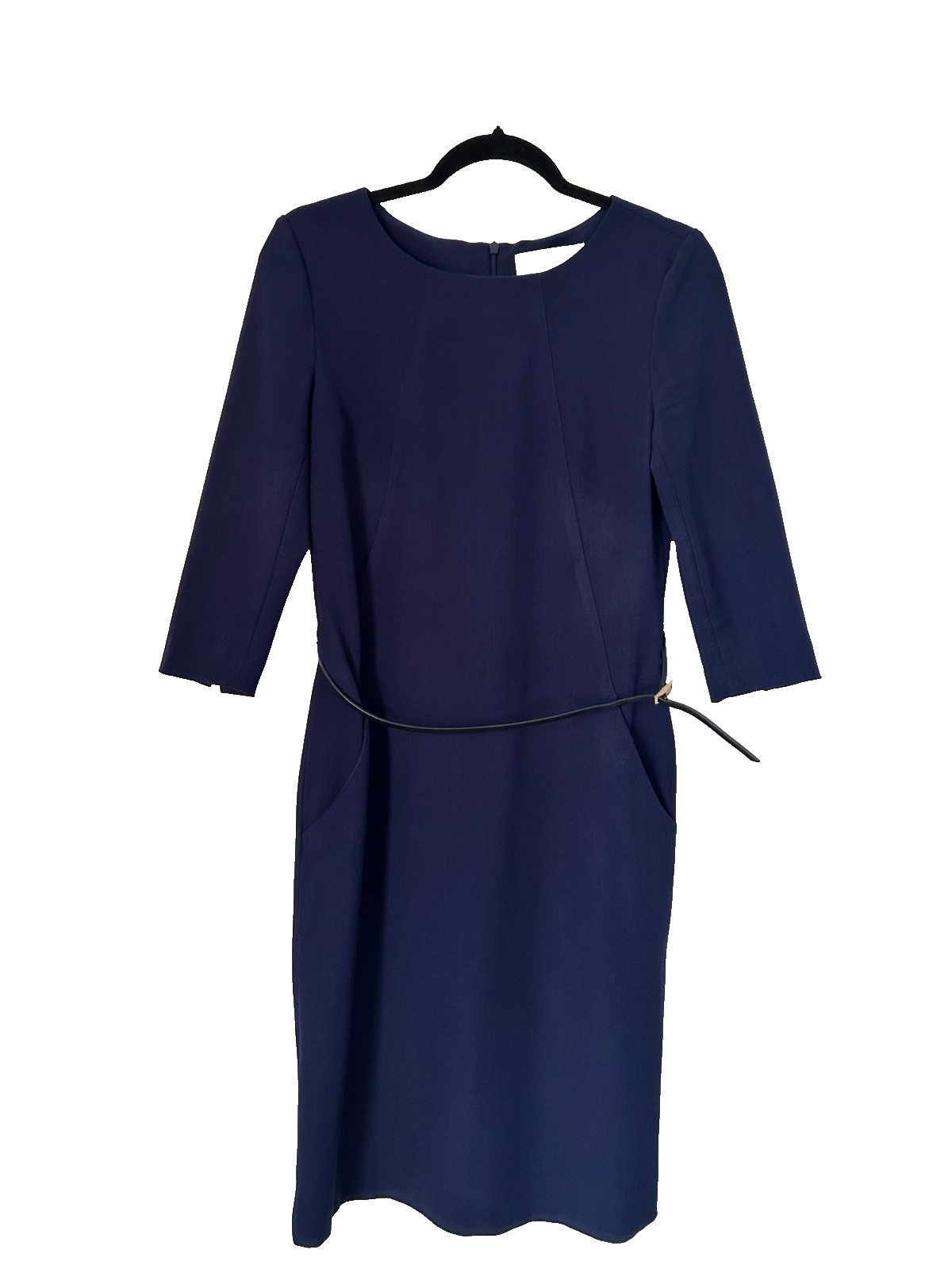 M M LaFleur Etsuko Dress Size 6 Navy Blue 3/4 Sleeve With Belt Minimalist Office