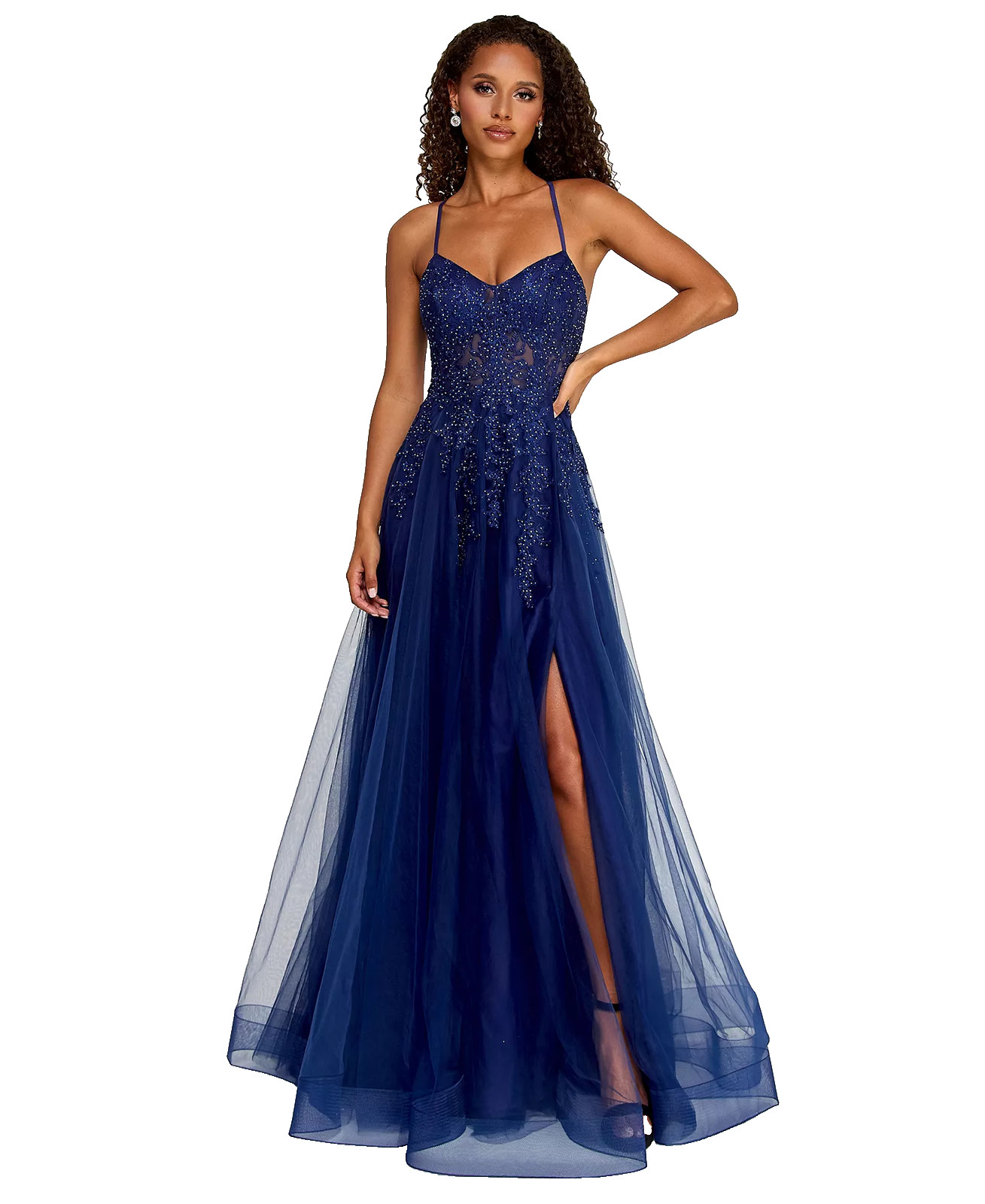 Say Yes Embroidered Ball Gown Juniors Size Navy Applique Side Slit Lace Up FLAW