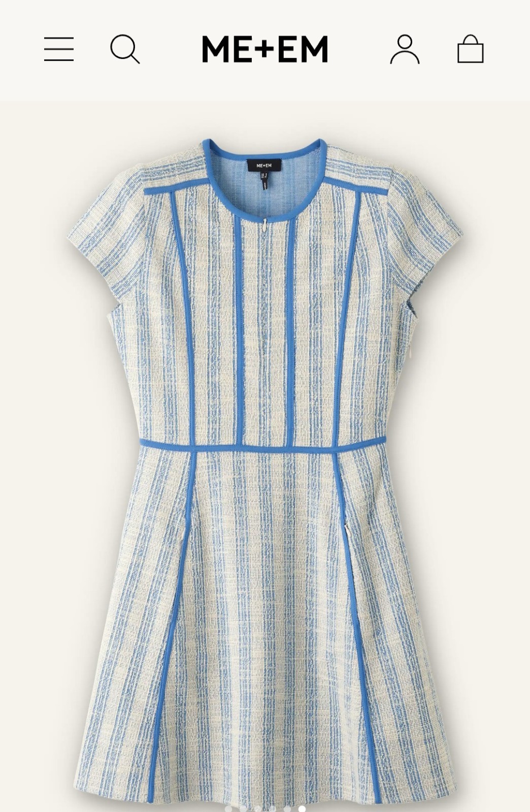 ME+EM Blue Beige Striped Round Neck Short Sleeve A-Line Short Dress US 6