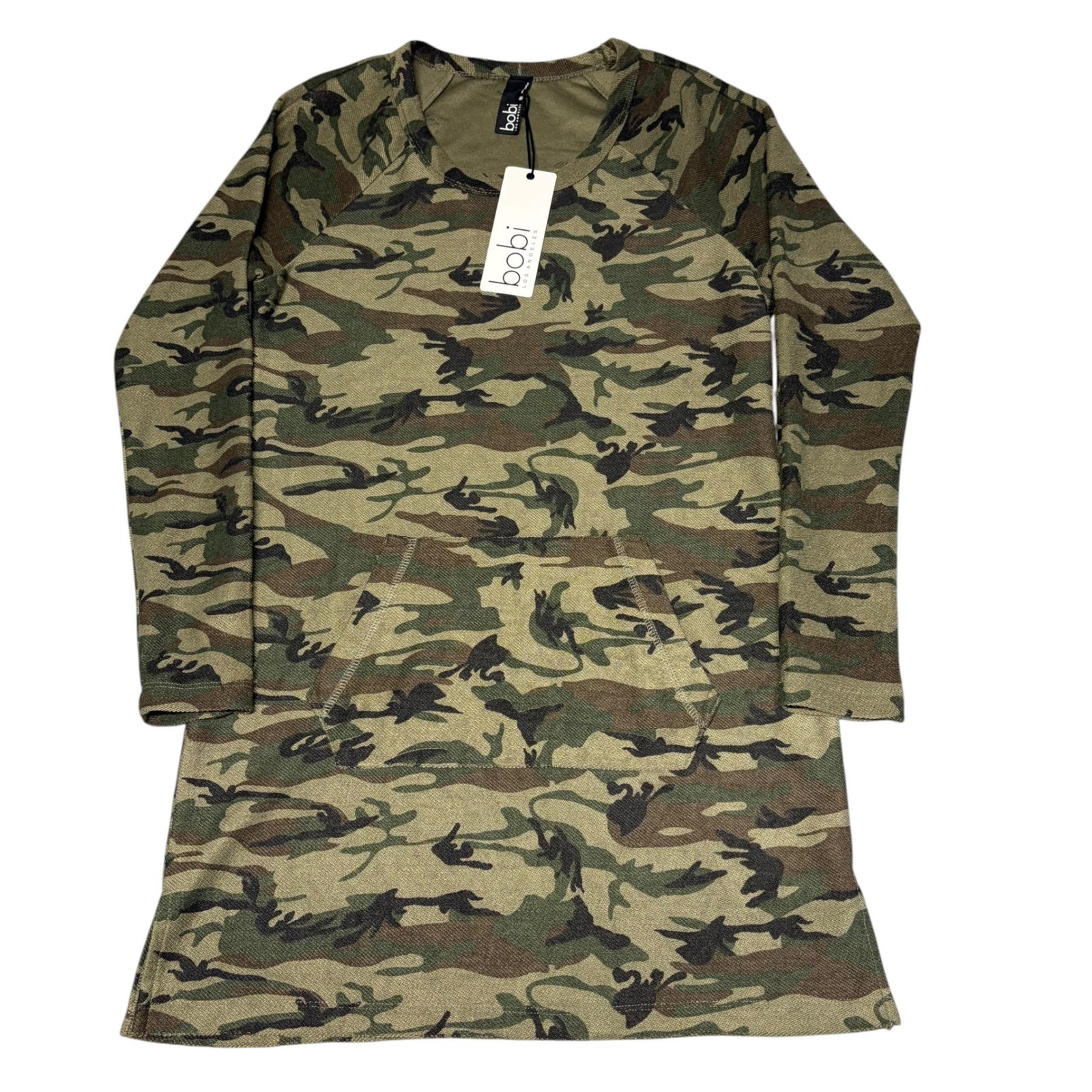 Bobi Los Angeles Womens Camo Long Sleeve Kangaroo Pocket Tunic Dress Green M