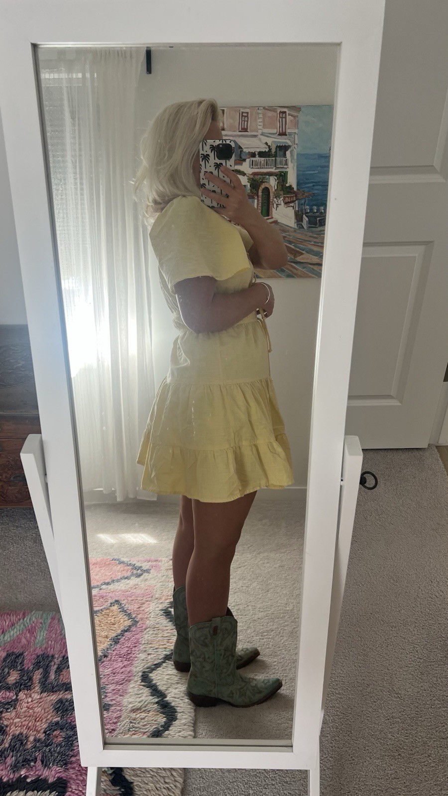 Yellow Solid Tiered Ruffle V-Neck Flutter Sleeve Tie Mini Sundress Womens