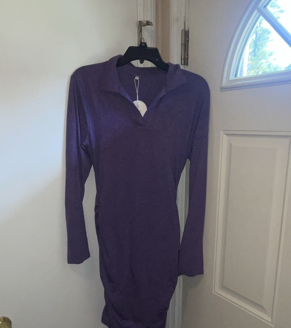 Fitted Purple Ruched Stretch Bodycon Dress Collared Long Sleeve Knee Size M
