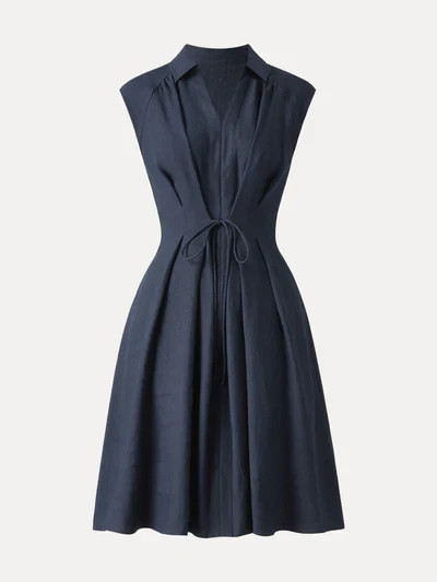 OGLmove Viscose Linen Collared V-neck Midi Dress Drawstring Waist Pockets NWT