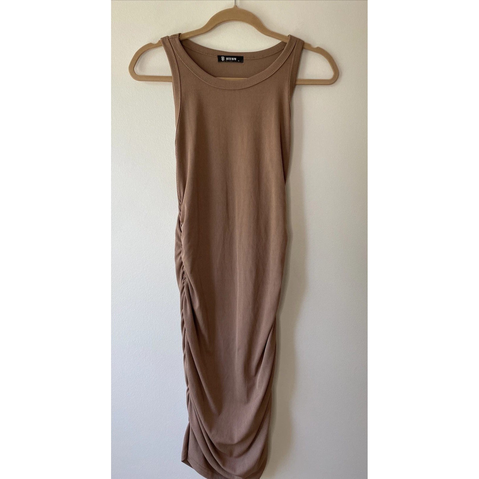 BTFBM Bodycon Dress Women Medium Brown Ribbed Ruched Midi Sleeveless Casual Chic