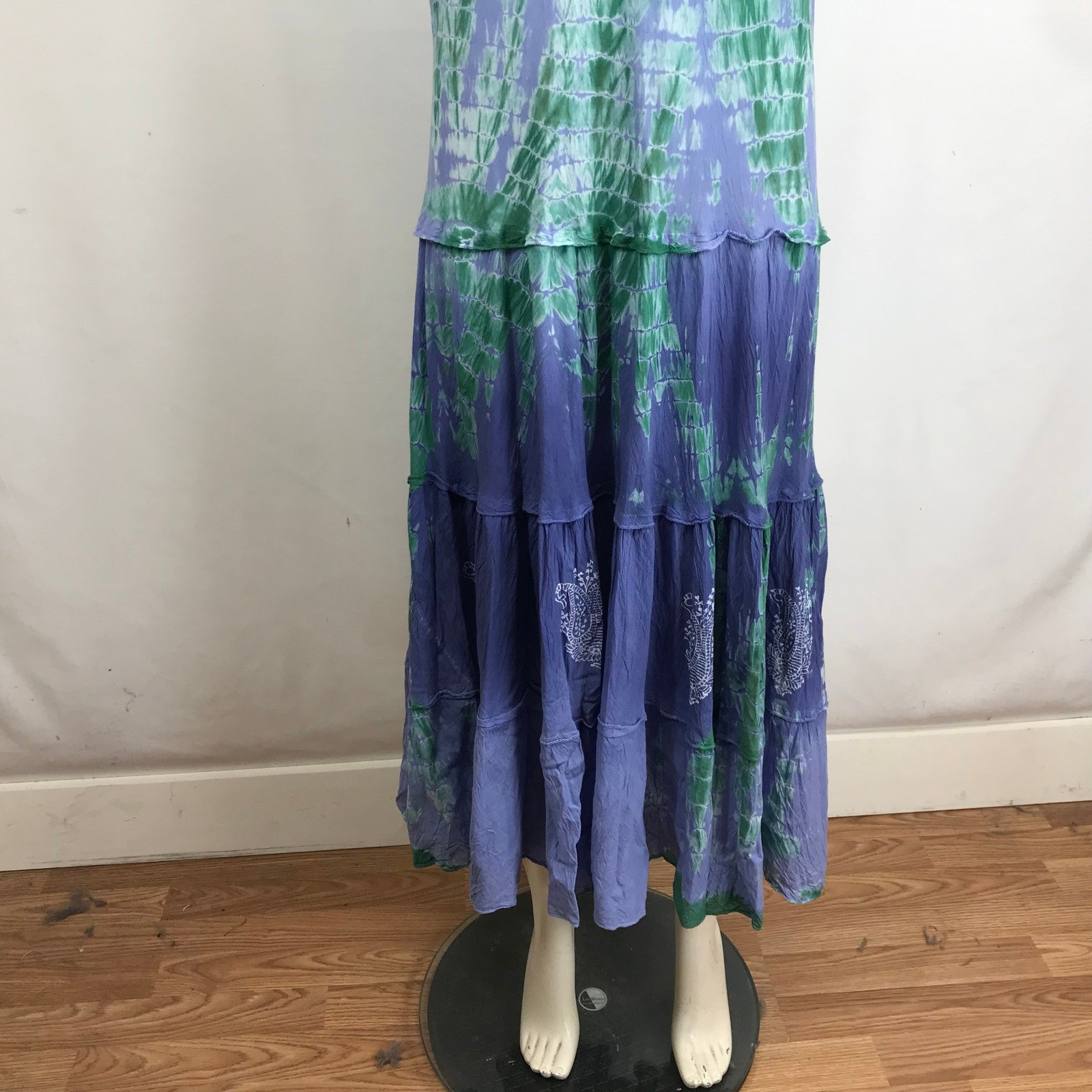 Lola P Maxi Dress Tie Dye V Neck Beaded Embellished Tiered Skirt Blue Green XL