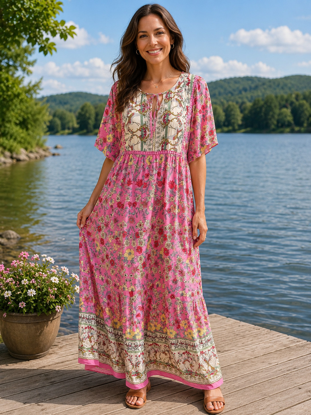 Rustty Dustty long maxi dress size 0XL short sleeve 53″ long high waist ruffle