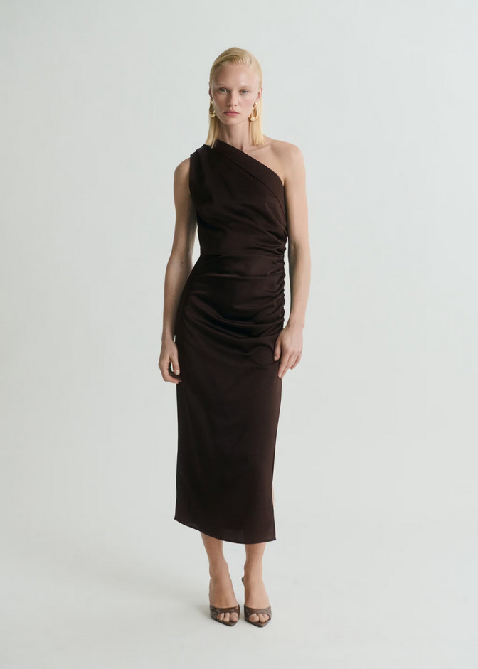 NWT MANGO MNG BROWN SATIN ONE SHOULDER RUCHED DETAIL MIDAXI DRESS SZ M US 6