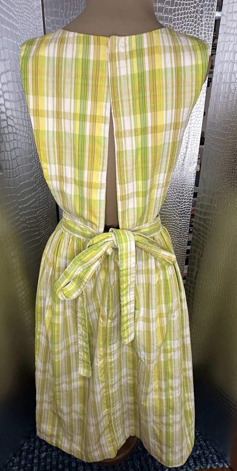 Green Yellow White Gingham Plaid Overall Pinafore Midi Dress