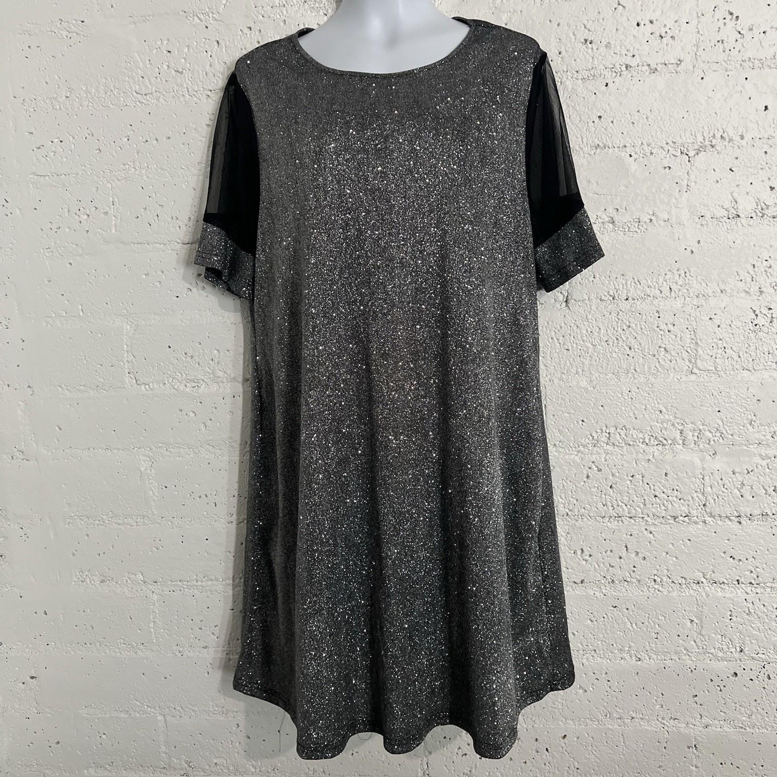 Womens Shift Dress XL ? Silver Black Short Sleeve Evening AD13