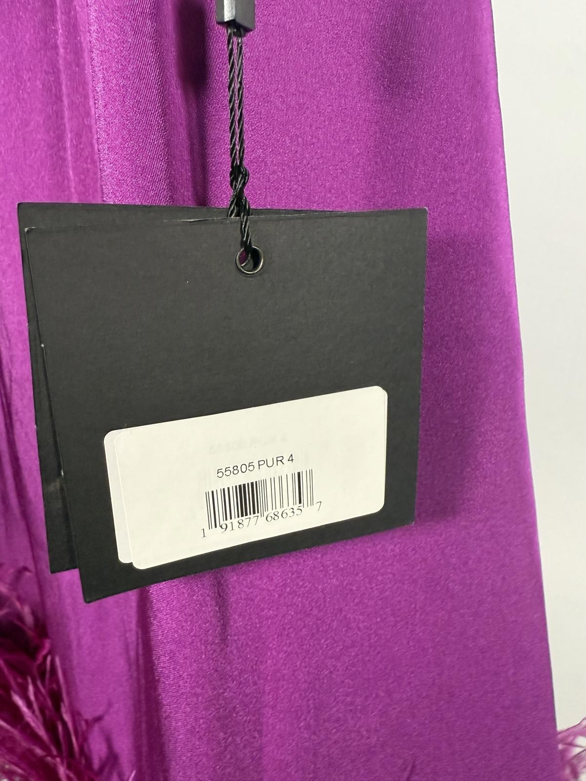 NWT Mac Duggal 55805 Purple Feather Hem High Neck Trapeze Dress Size 4