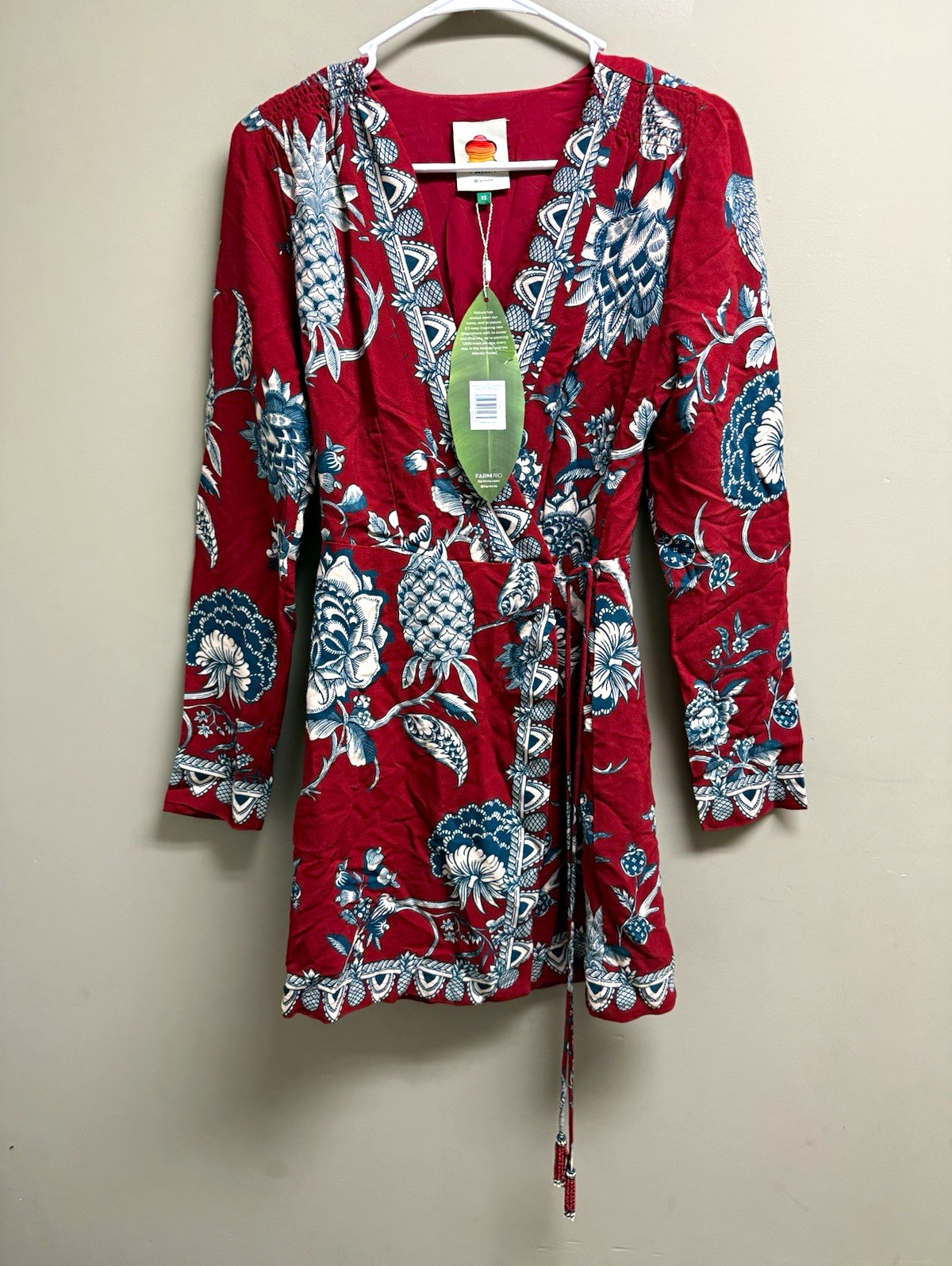 Farm Rio XS Red Blue White Floral V-Neck Wrap Dress Belted Tie Mini Retail $249