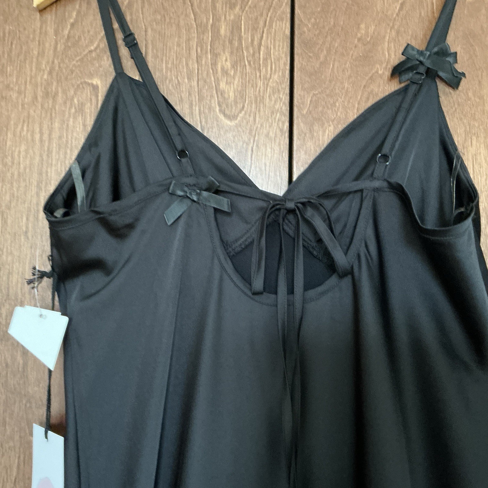 Crystal Doll Black Satin Maxi Slip Dress Bow Straps Size L Party Prom NWT $120