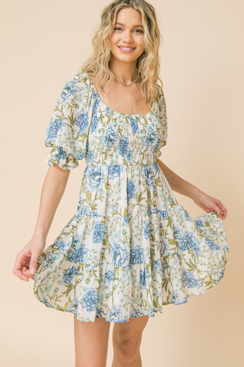 Flying Tomato Floral Print Smocked Tiered Mini Dress Women’s