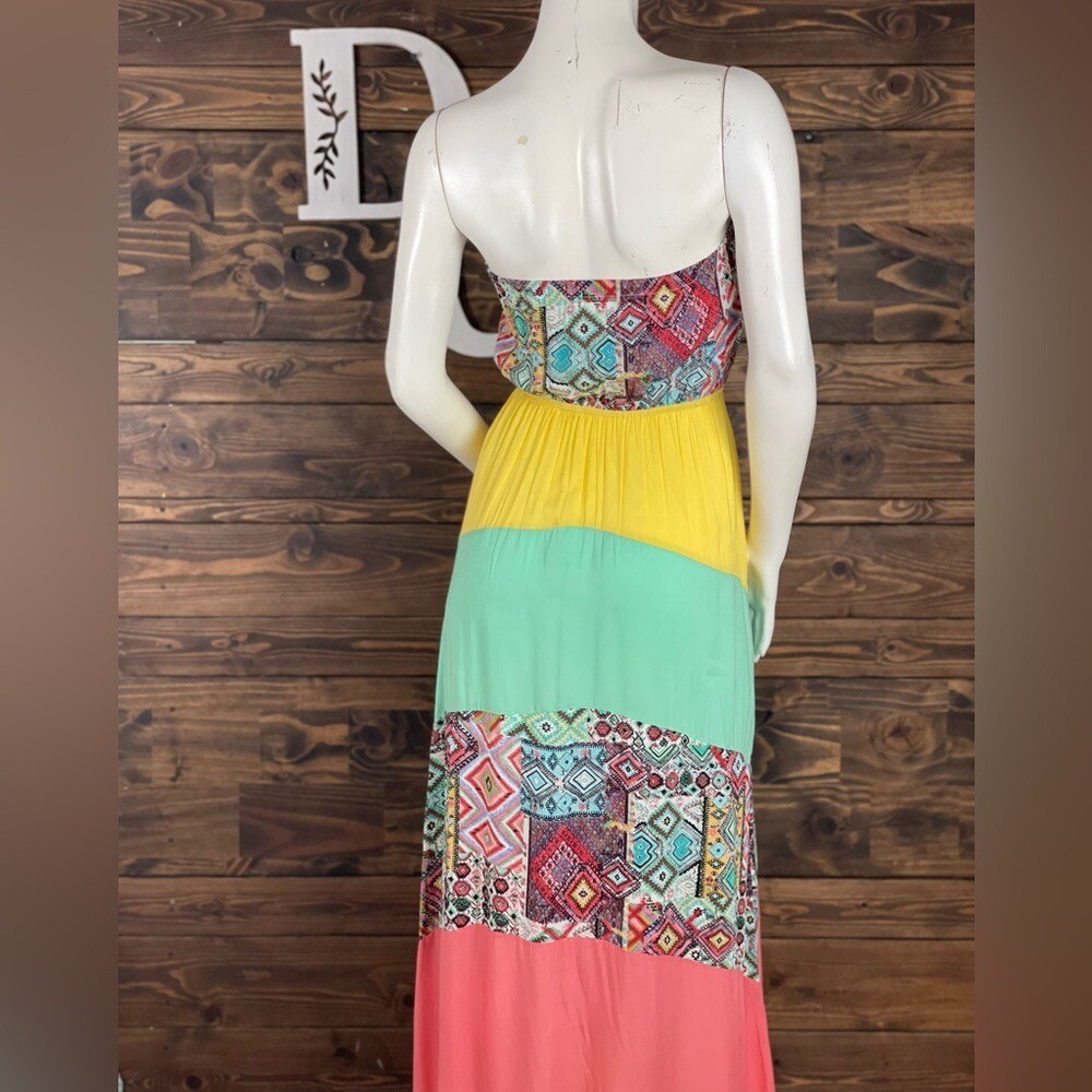 Xtaren | Multicolored Colorful Strapless Maxi Dress Patchwork Stripe Boho Indie