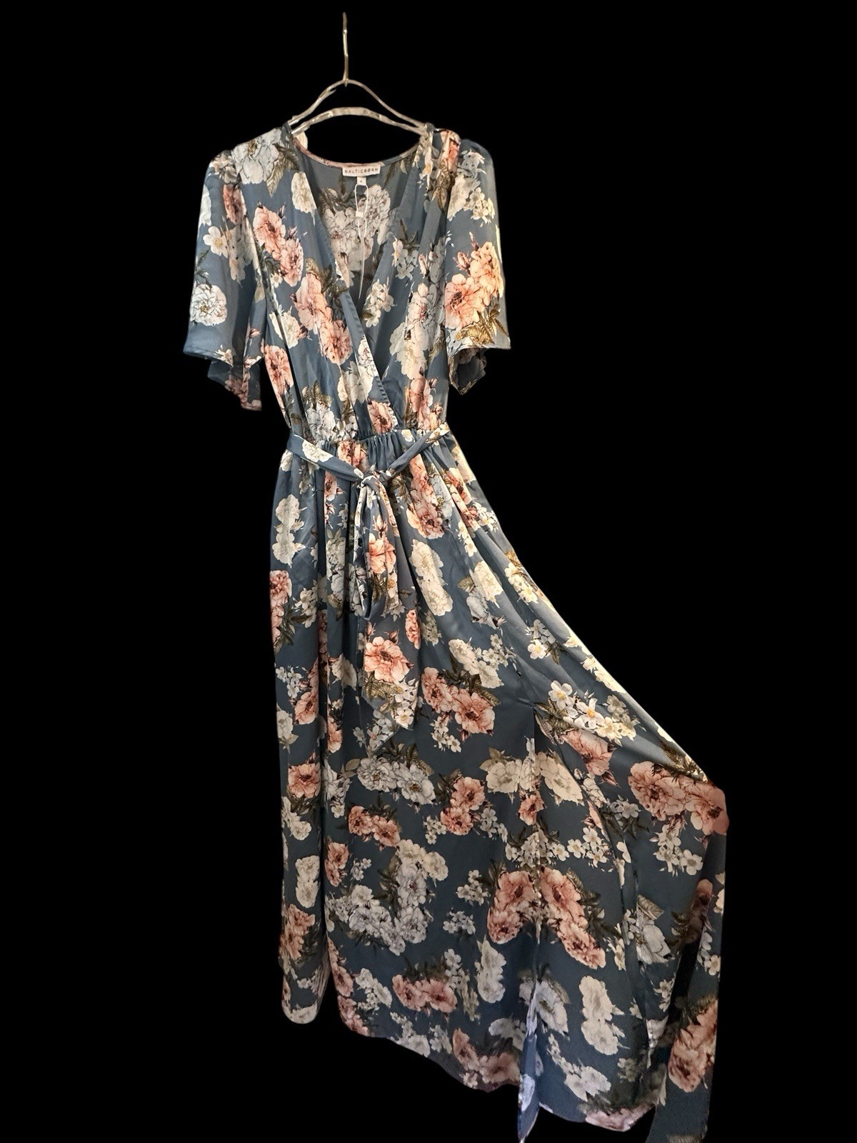 Baltic Born Sicily Blue Floral Satin Maxi Dress Sz L Wrap Style High Slit NWT