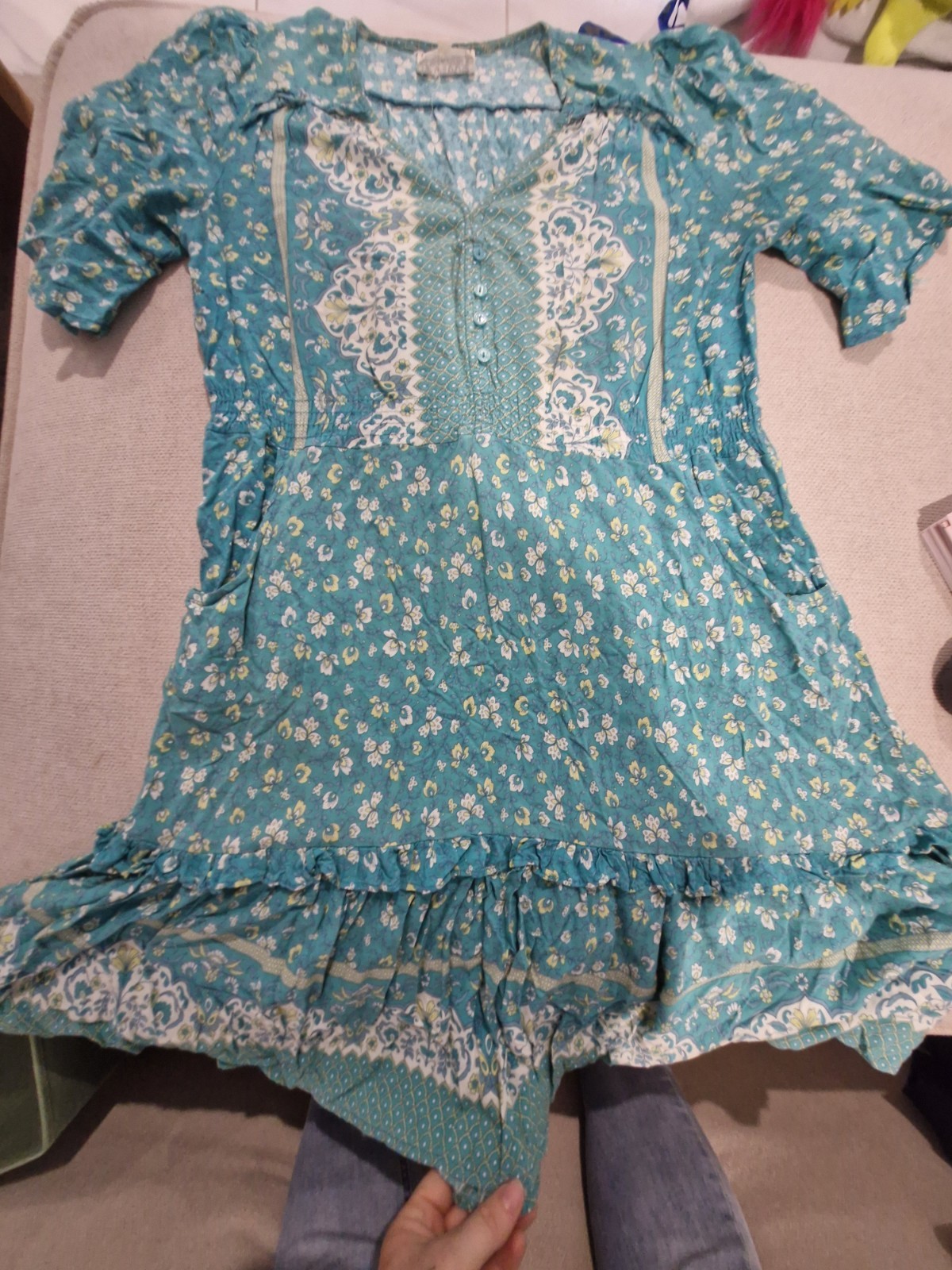 Jaase Floral Boho Midi Dress Blue And White Flutter Sleeve Large Button/tie Up