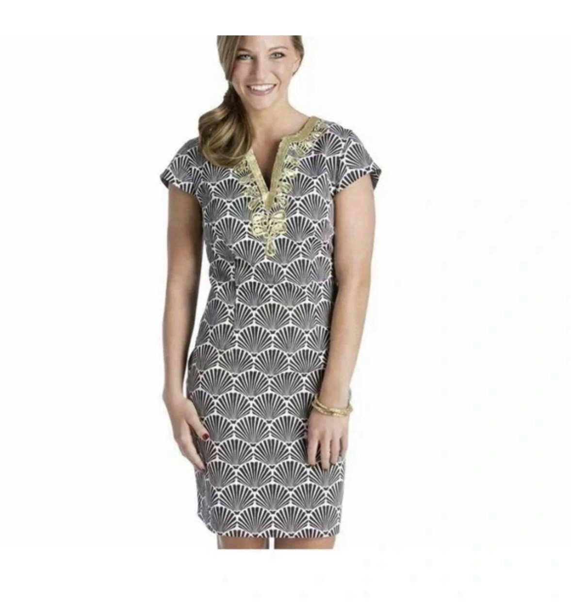 Women’s Mud Pie size S dress shell print with gold accents, preppy look EUC