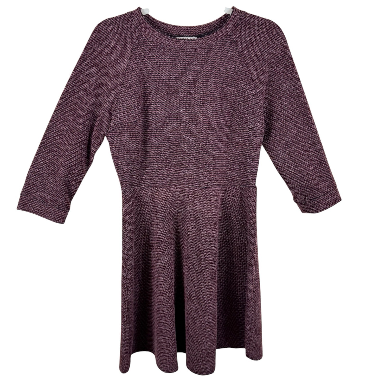 Lace & Mesh Burgundy Textured Knit 3/4 Sleeve Knee Length Fit & Flare Dress Sz L