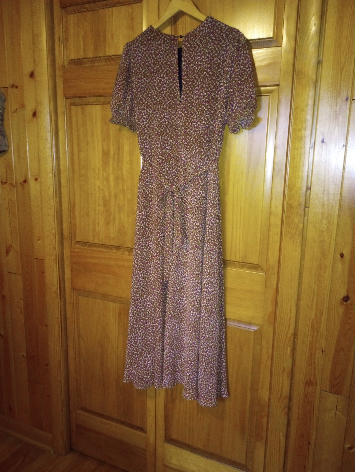Calico Prairie Dress Brown Sz Large Boho Midi puff sleeve lined belt zip keyhole