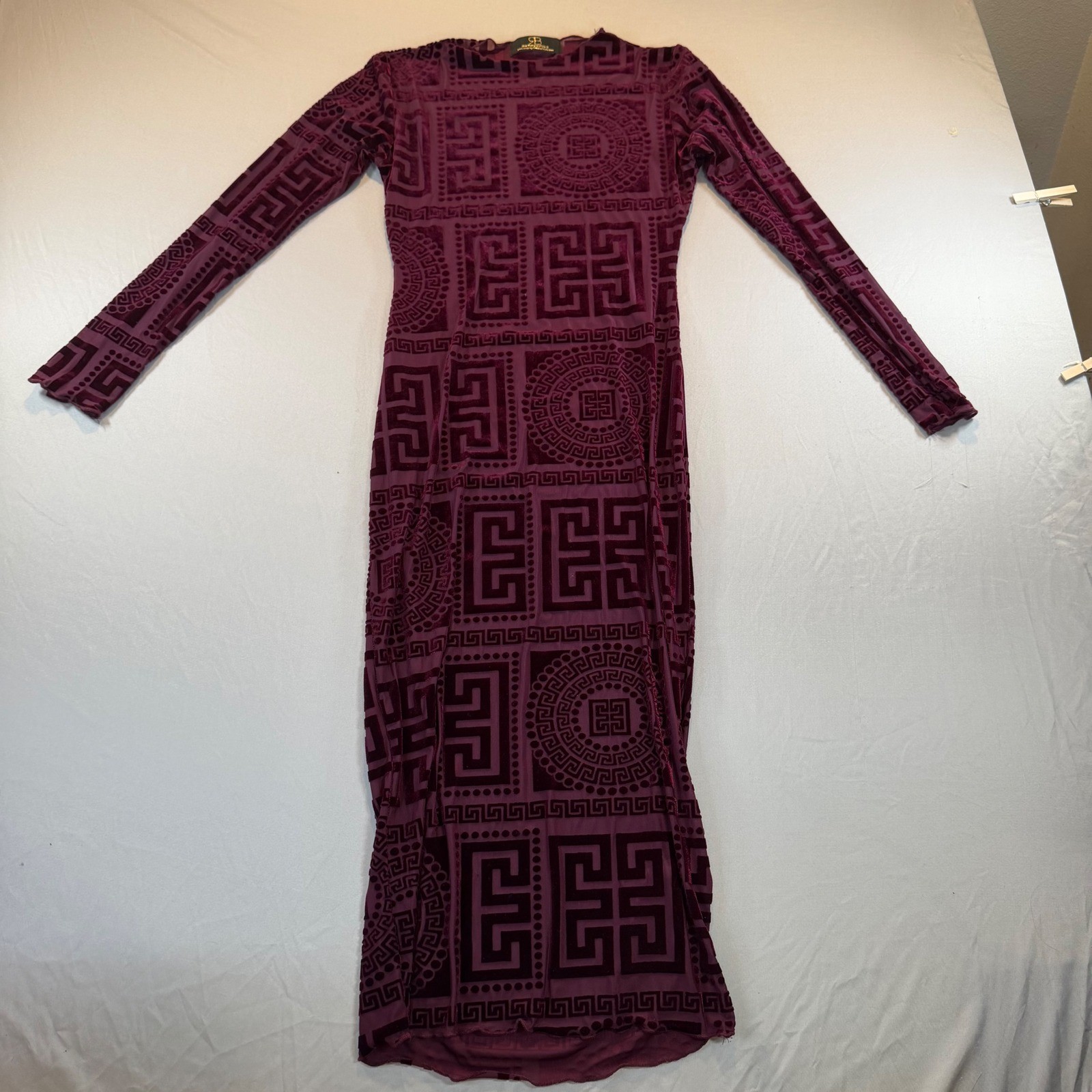 Burgundy Burnout Velvet Greek Key Mesh Maxi Dress Large Y2K Bodycon Party Glam