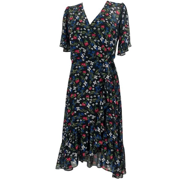 Calvin Klein Black Floral Faux Wrap Midi Dress Flutter Sleeves Cottagecore 10