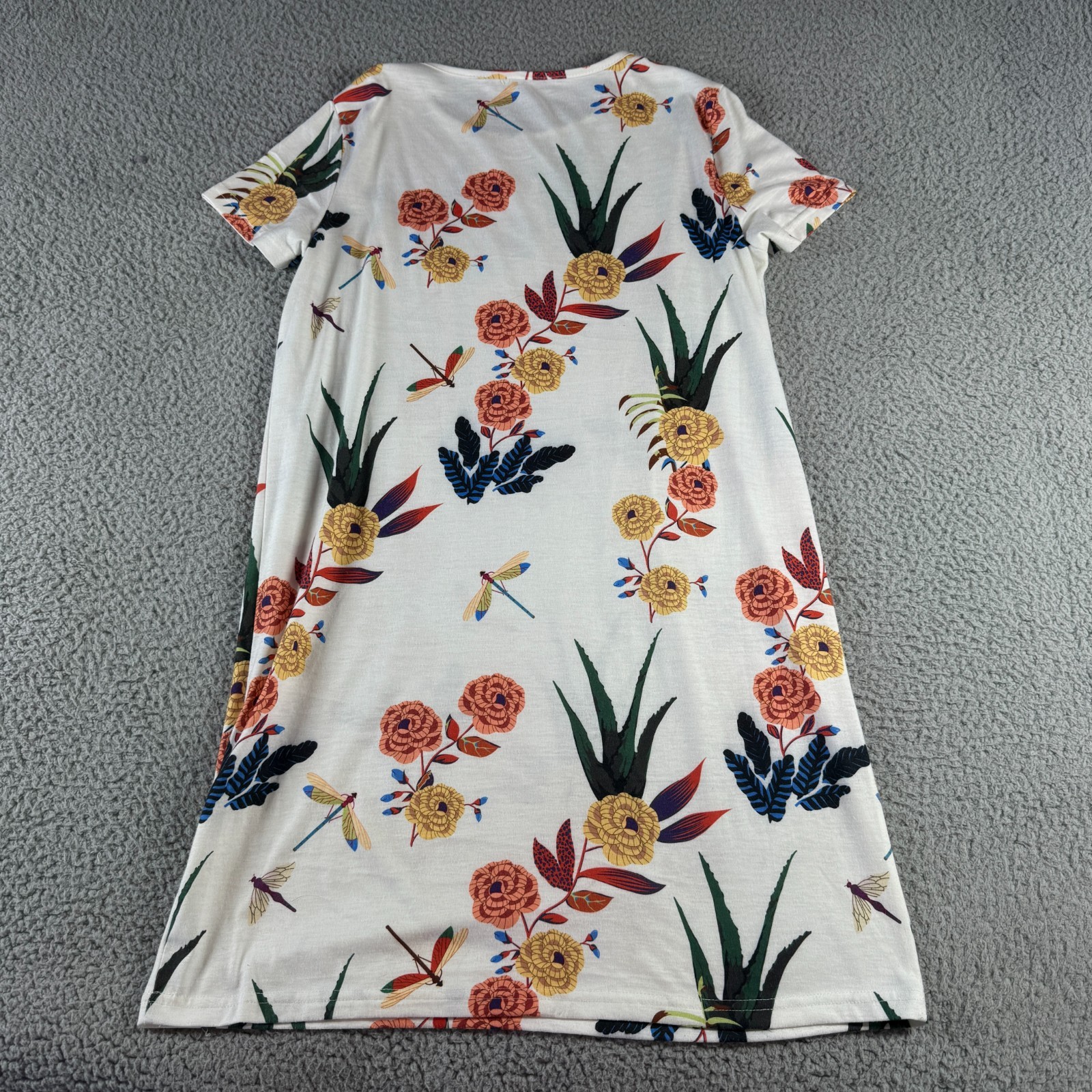 Shein Womens Short Sleeve Crew Neck A Line T Shirt Dress Cream Floral Size S