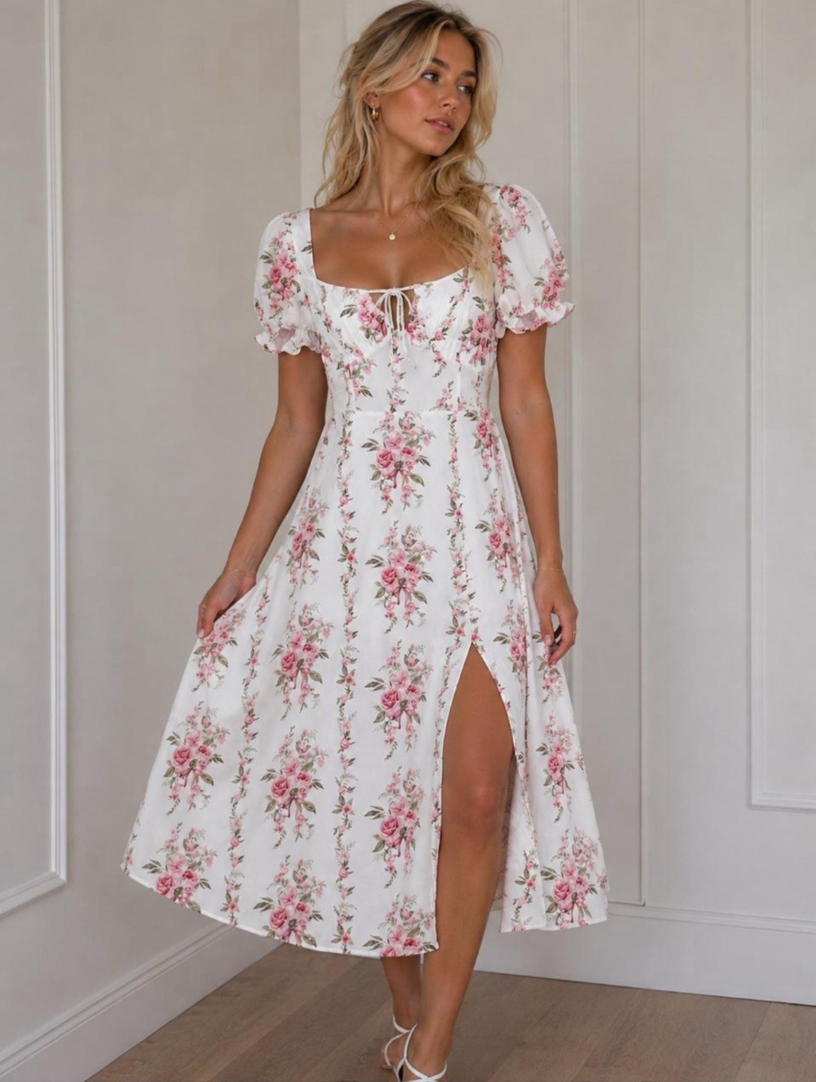 Women’s White/Pink Floral Square Neck Puff Sleeve Smocked Midi Dress Slit Sz L