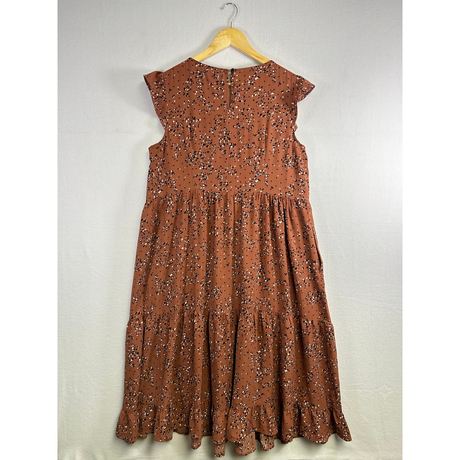 Boho Feminine Brannan Brown Dress – Rust with Black & White Dots, Size L