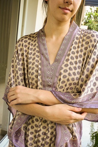 Silk Beige Kaftan / Handmade Flowy Maxi Dress / Resort Wear Outfit PS MFN1048