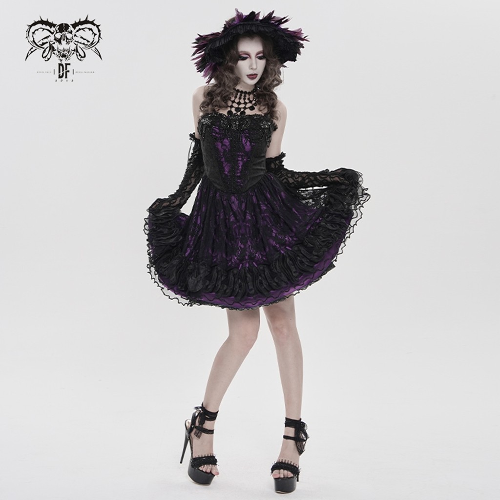 Devil Fashion Women Goth Victorian Beaded Floral Lace Corset Short Lace-Up Dress