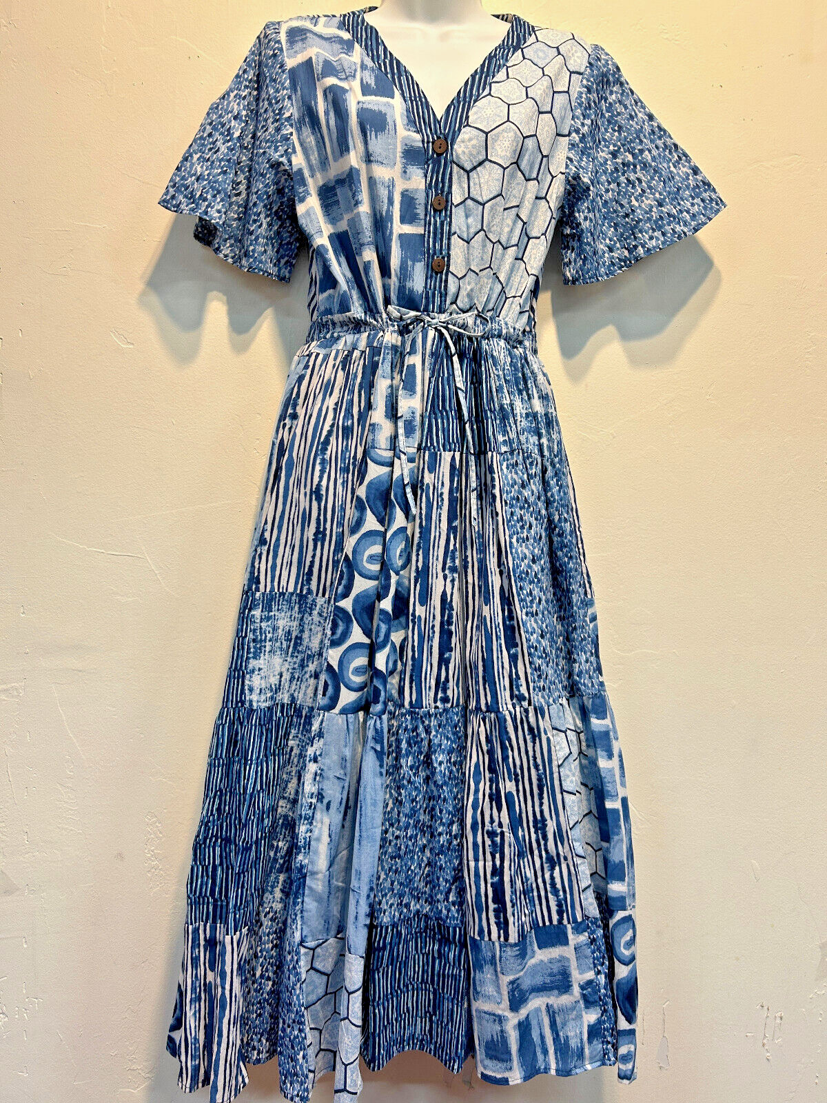 Nwt SACRED THREADS geometric boho funky hippie cotton patch DRESS S/M Free shipp