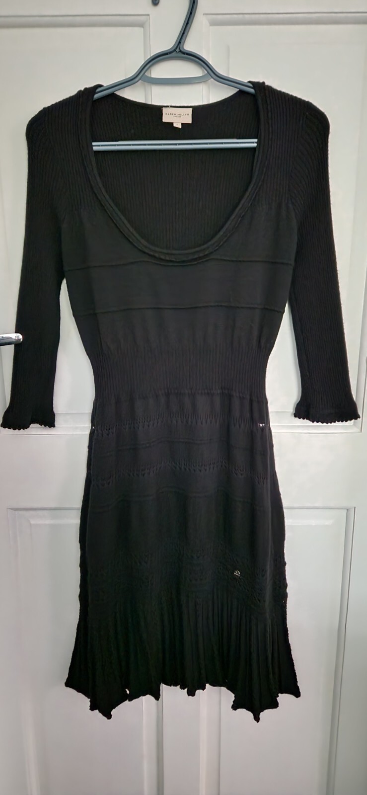 Karen Millen Dress Size 3 Black Wool Blend Crochet Knitted Stretch Lined Spring