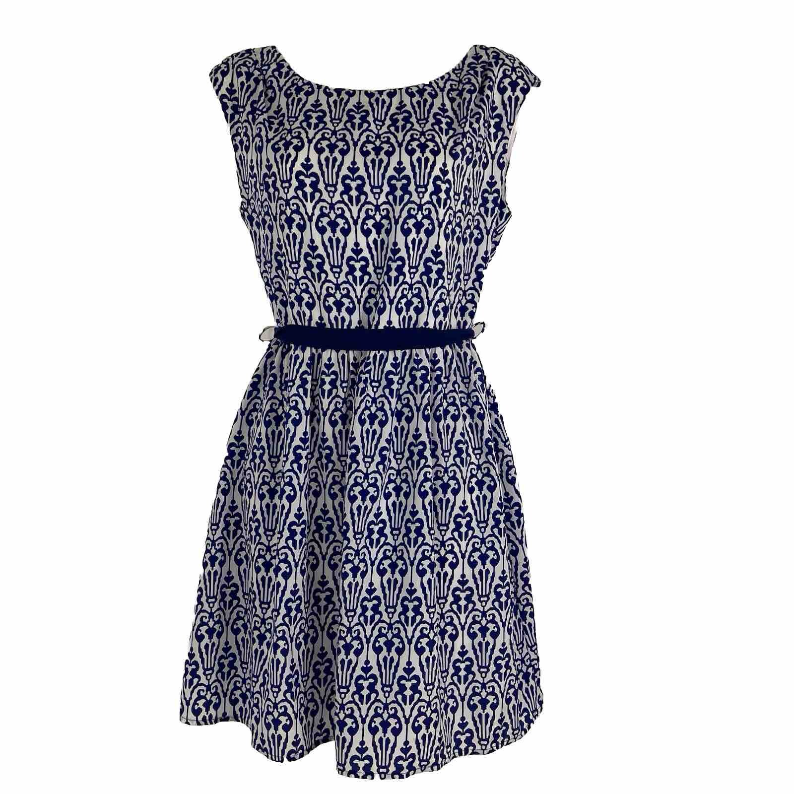 Pink Owl Dress Women’s Medium Belted Sheath Sleeveless Knee Length Blue Paisley