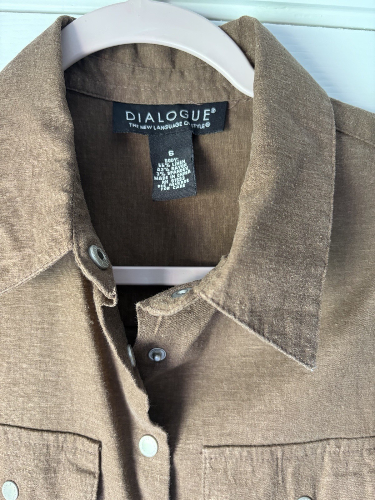 Dialogue Brown Linen Blend Collared Button Front Belted Blouse Size 6