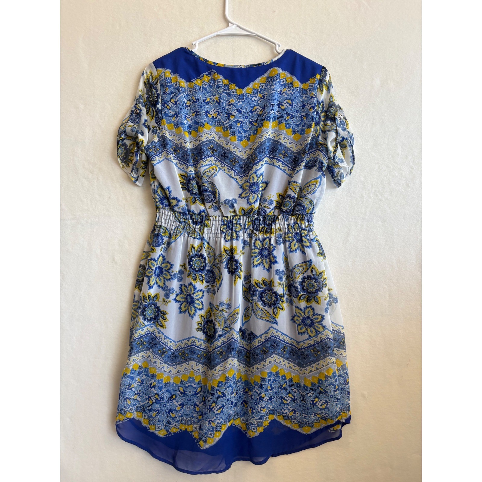 Enfocus Studio Blue Yellow Floral Smocked Waist Roll Tab Sleeve Dress Size 4