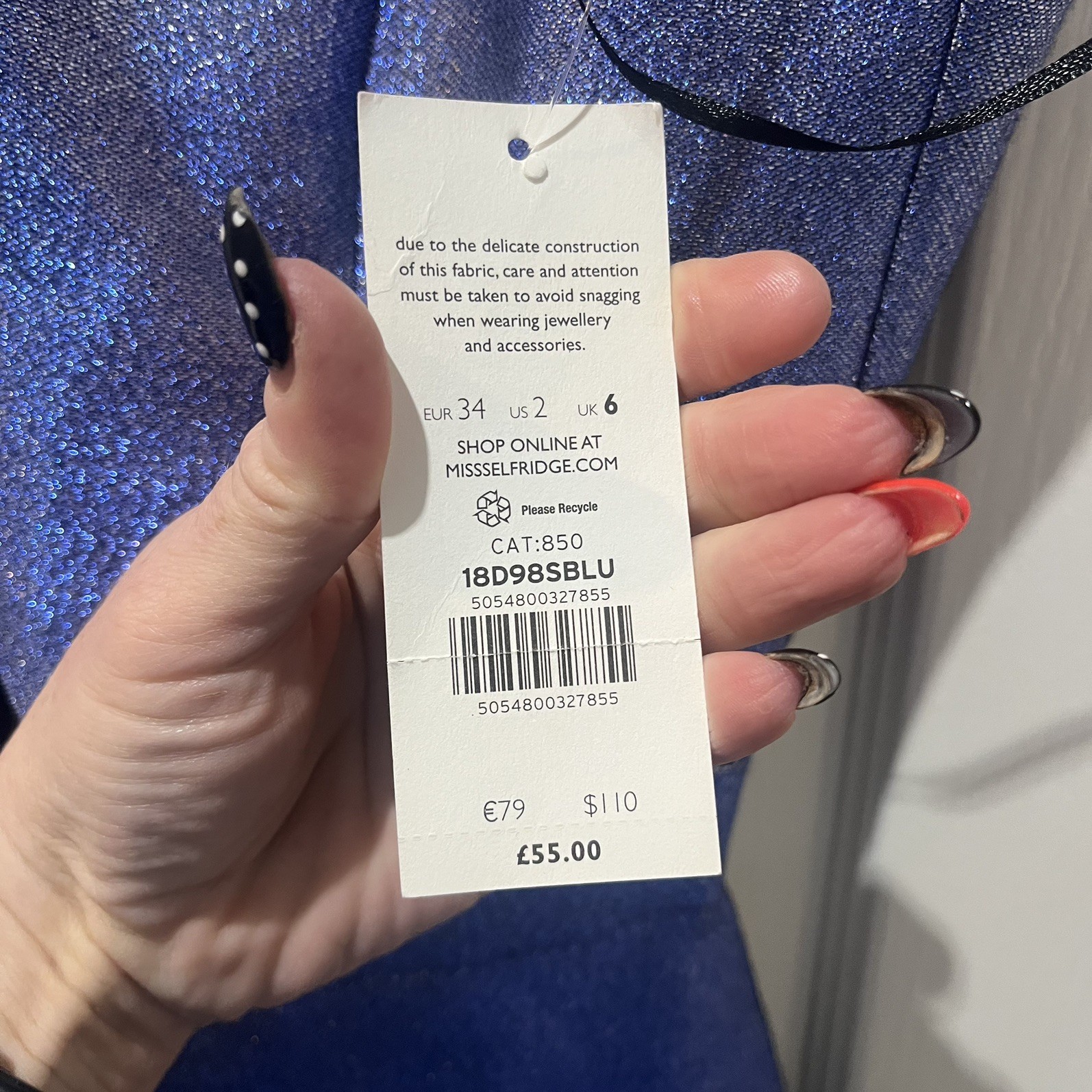 MISS SELFRIDGE – Size 6 UK – BLUE METALLISED SPARKLY cut out DRESS rrp was £55