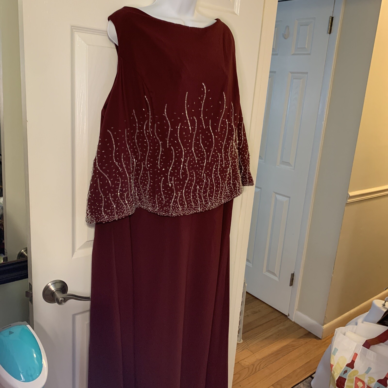 Sleeveless Full Length Lined Gown, Please See Measurements, Maroon, Beading