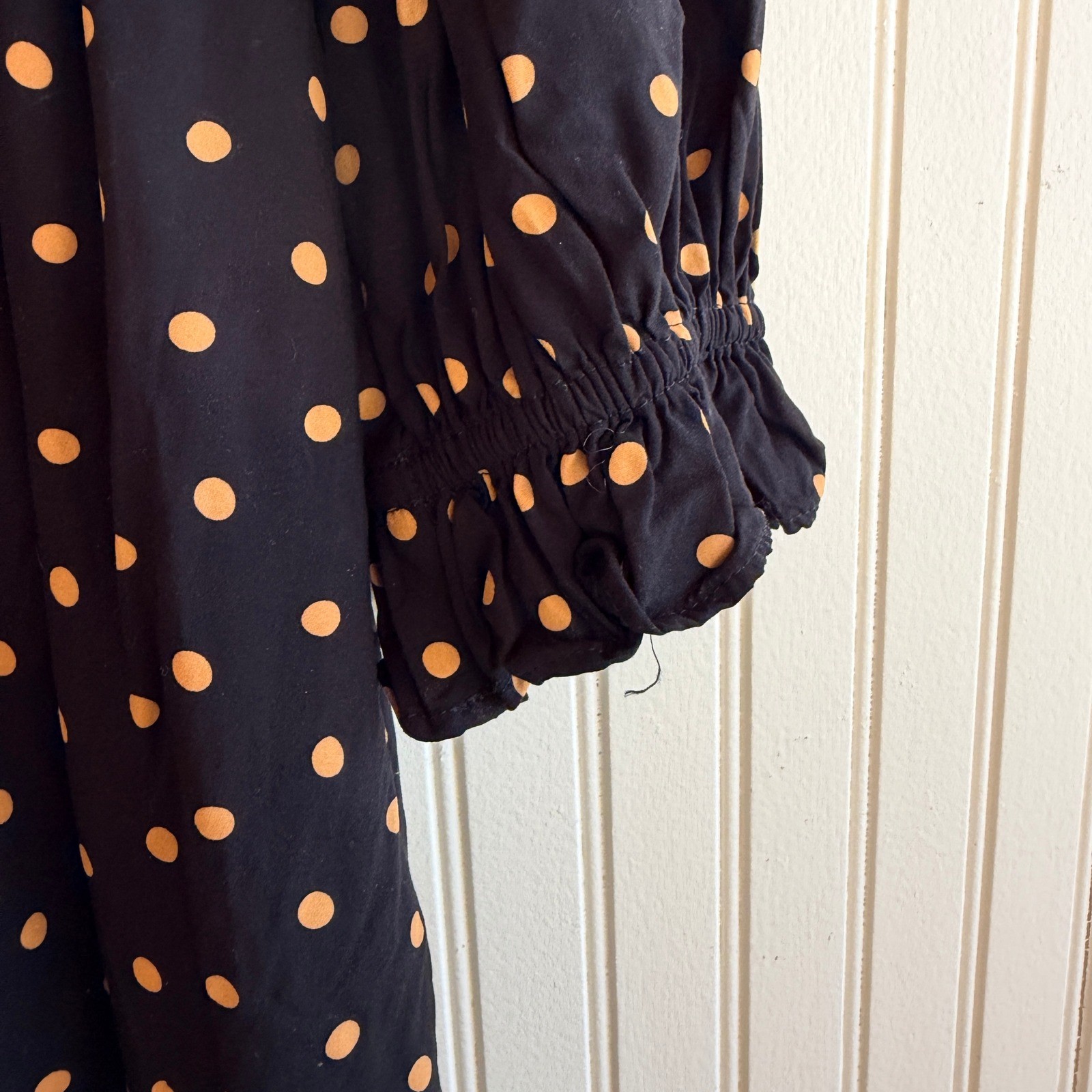 Madewell Smocked Ruffle Shoulder Mini Dress Black Gold Polka Dot Viscose Small