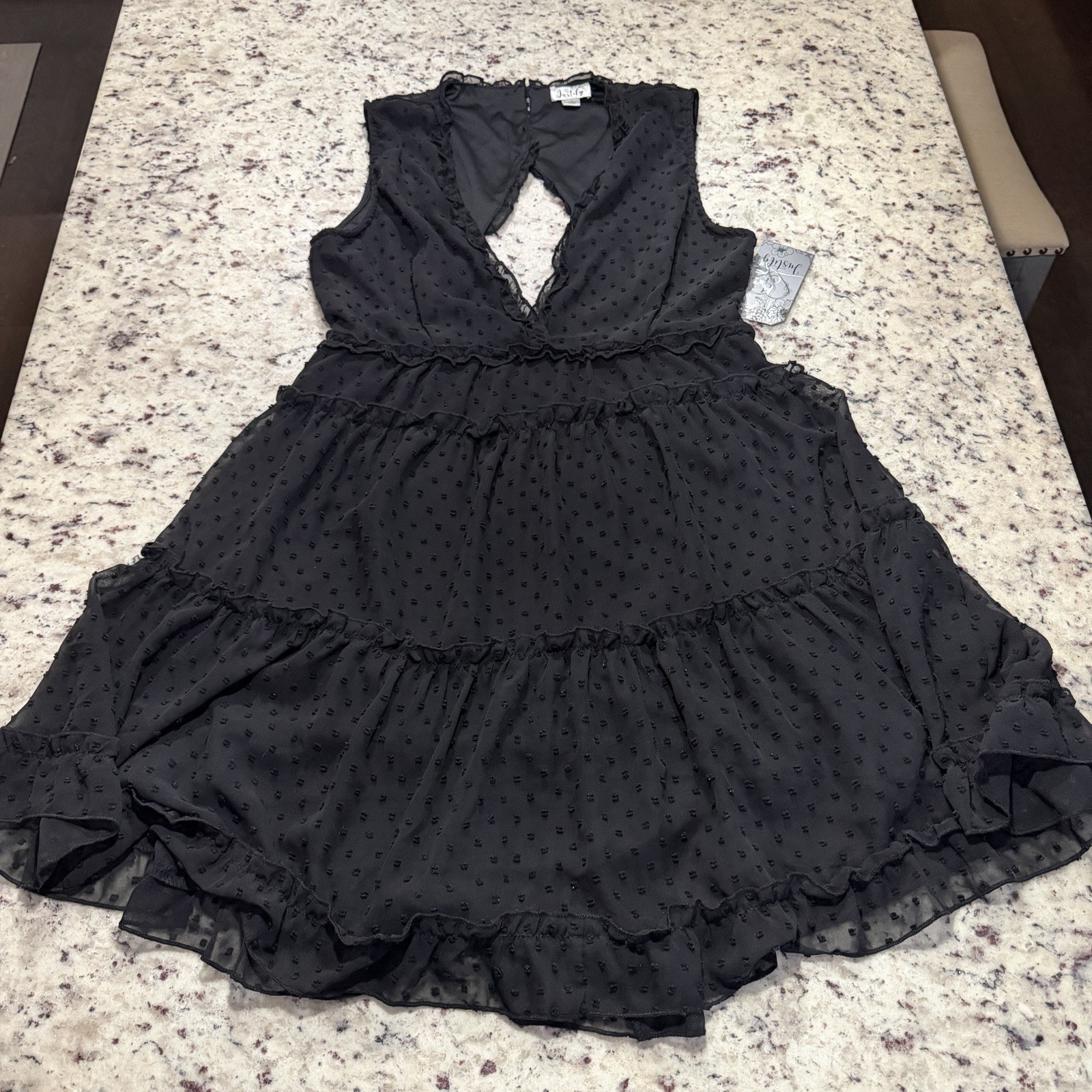 NWT Justify Size XL Vneck Mini Dress Open Back Sleeveless Black Textured New