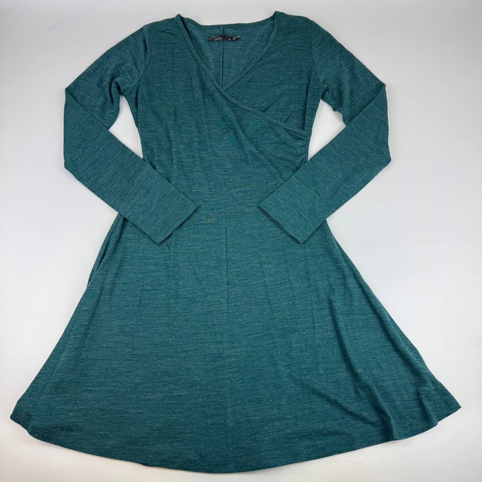 Prana Womens Size M Nadia Wool Blend Faux Wrap Long Sleeve Green Dress W3NALS314