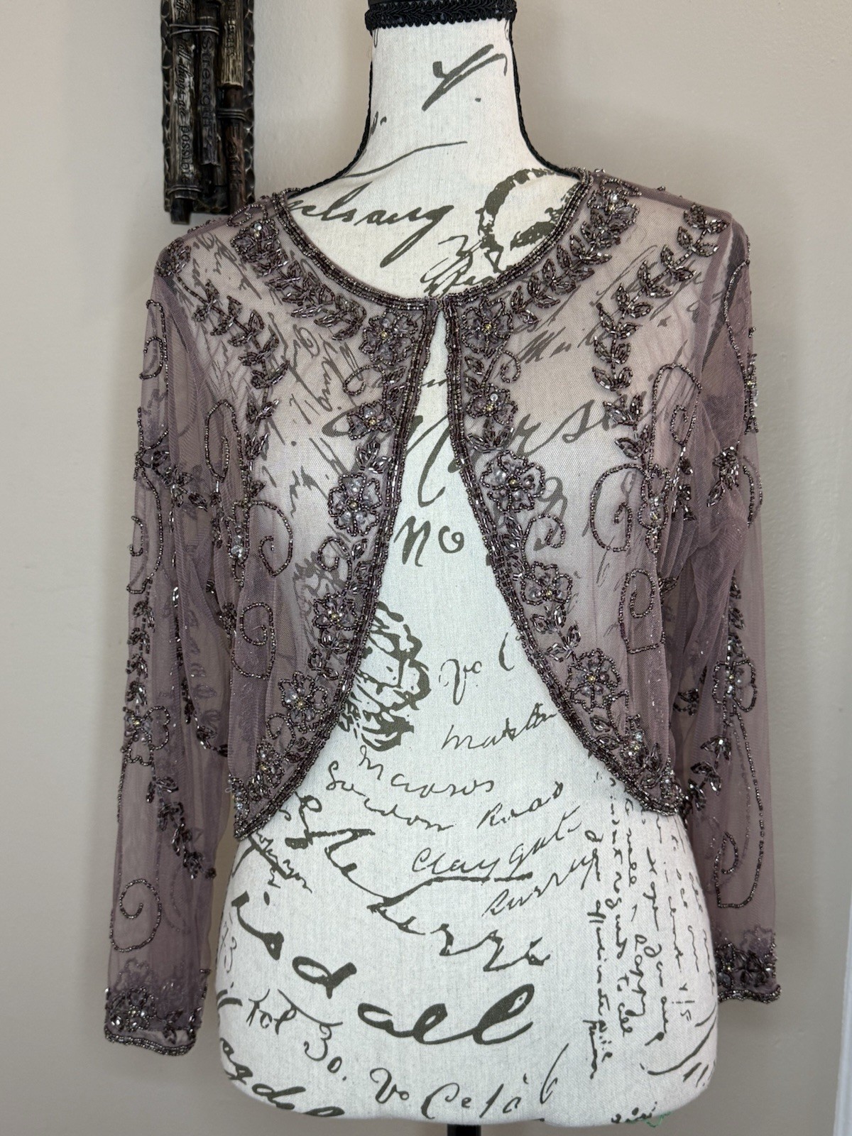 Pisarro Nights Beaded Mesh Jacket In Eggplant Size 10 NWT