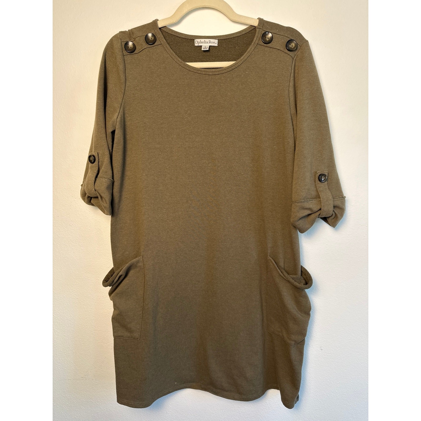 Ophelia Roe Olive Dress • Cozy Tunic with Shoulder Buttons & Slouchy Pockets