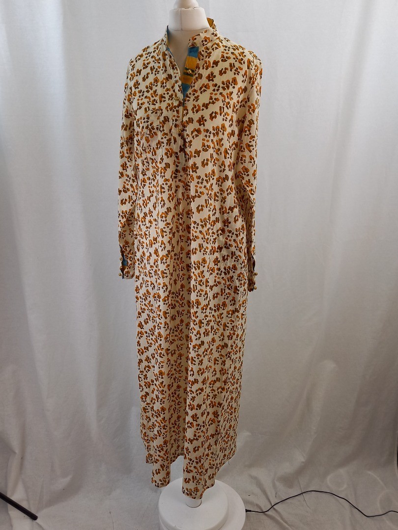 Lisa Corti Maxi Dress Size S Kaftan Animal Print Cotton Button Neck
