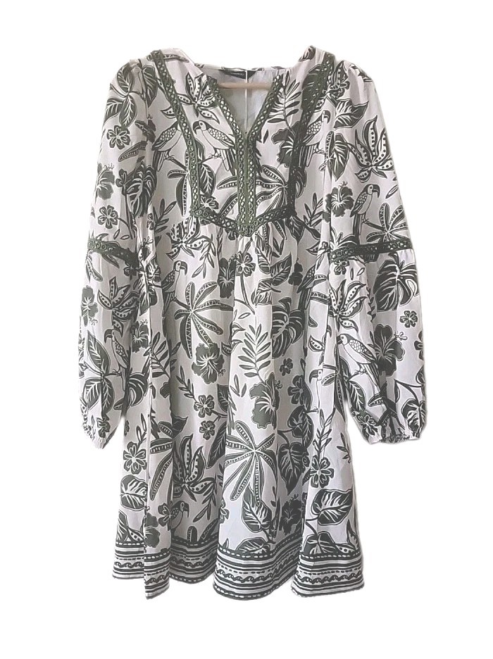Dokotoo Womens Tropical Print Tie Round V Neck Long Sleeve Mini Dress S