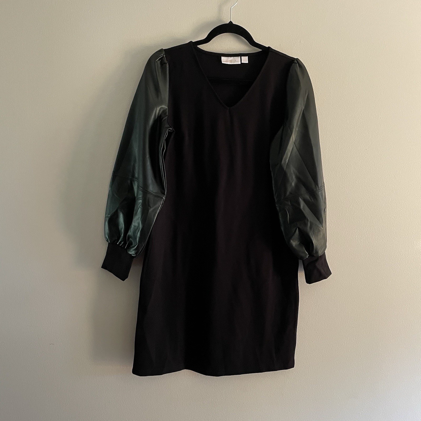 Belle By Kim Gravel Women XS Black Ponte Dress With Faux Leather Blouson Sleeves