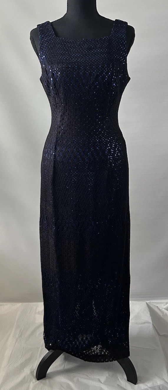 Molly Malloy Evening Black/Blue Glitter Lace Sleeveless Maxi Dress Size 6