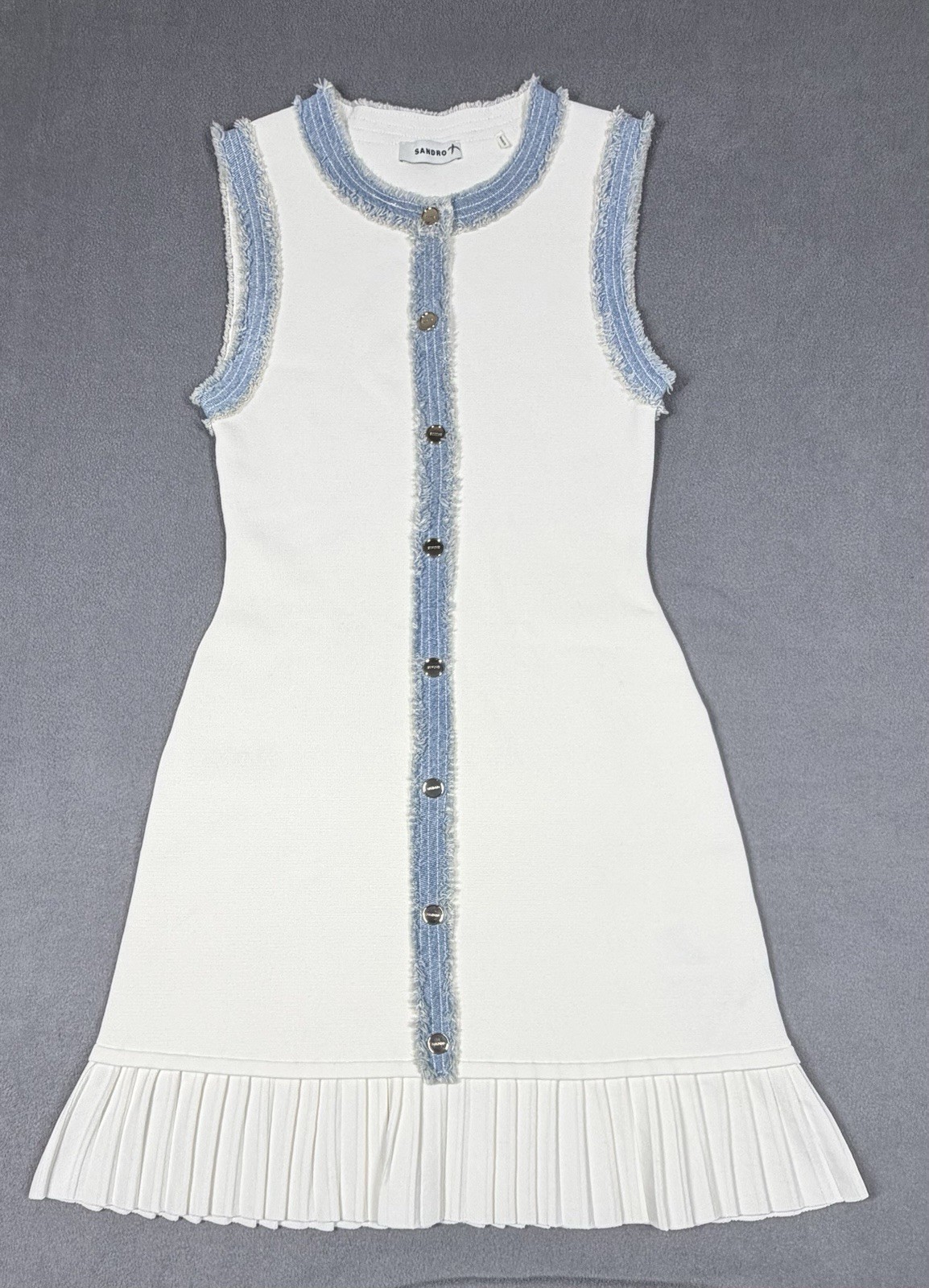 Sandro Paris Knit Mini Dress Acapulco Ivory denim Trim Button Front Pleated 36