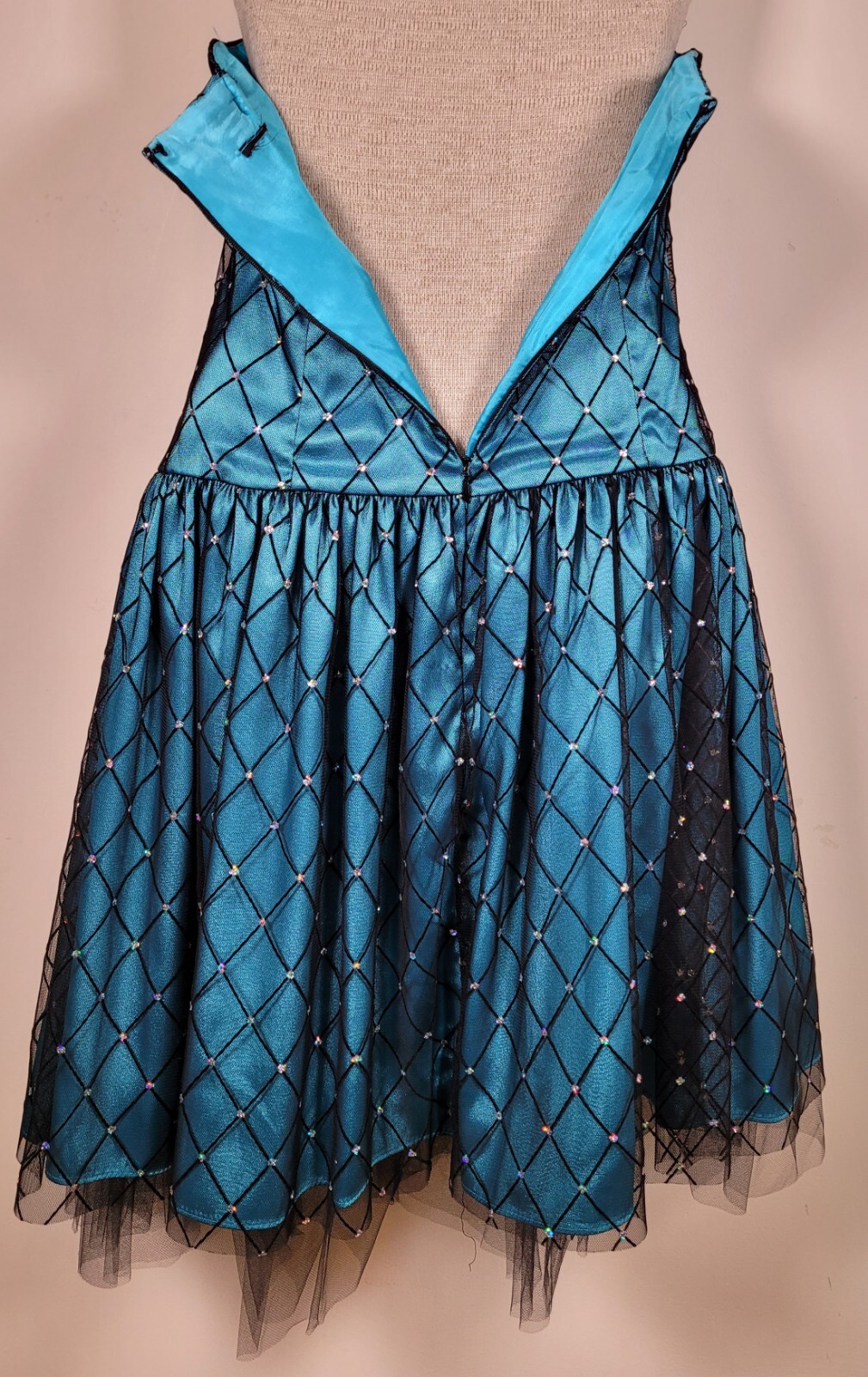 Strapless Dress Teal with Black Overlay and Rhinestones Waist Measures 38 Inches